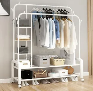 Double Rails Garment Rack With 5 Tier Storage Shelves And 4 Hooks