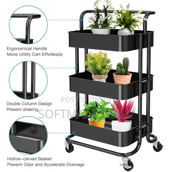 3-Tier Trolley/ Metal Utility Service Cart Rolling Storage Shelves