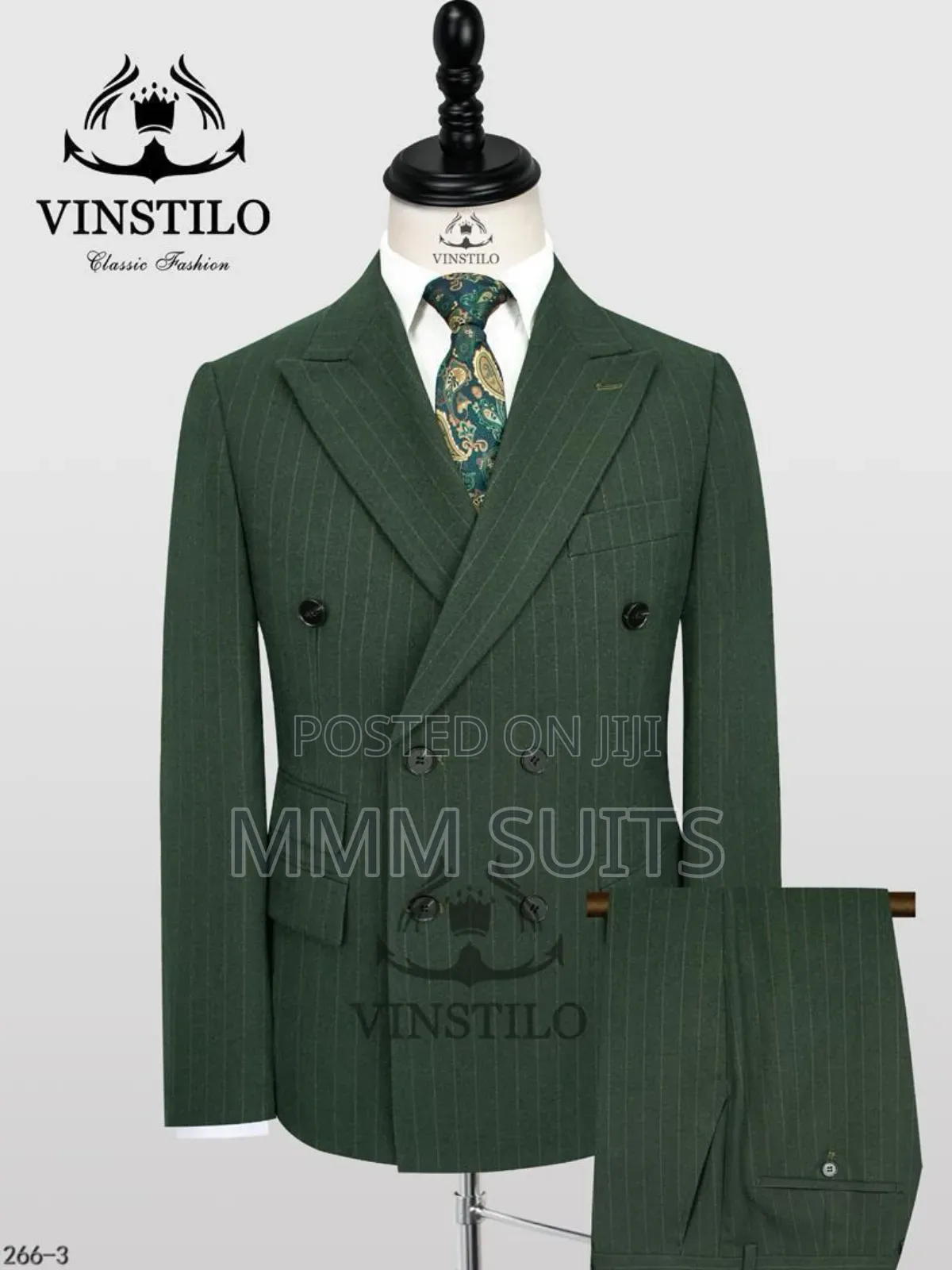 Latest Double-Breasted Men's Suit for Graduation Army Green Stripes