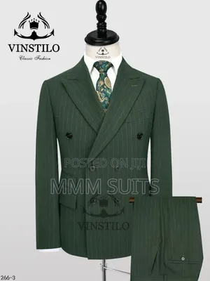Latest Double-Breasted Men's Suit for Graduation Army Green Stripes