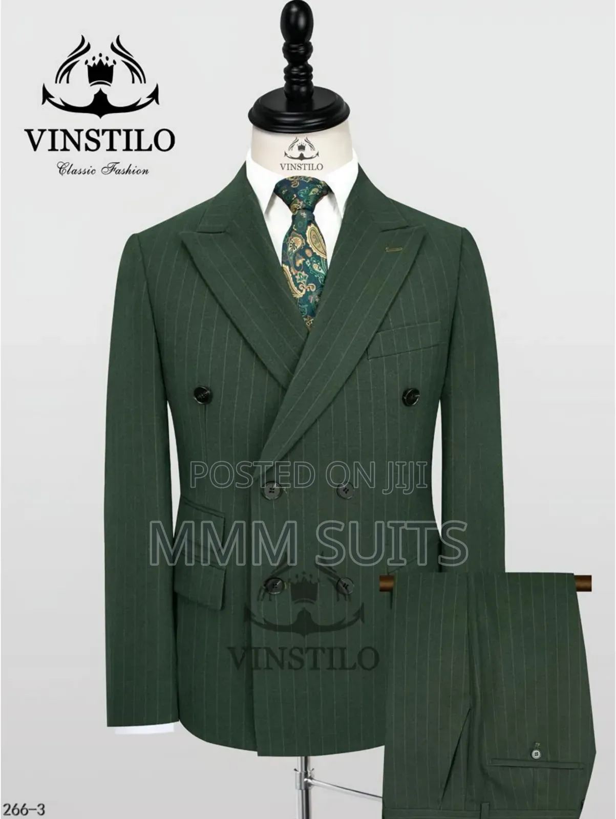 Latest Double-Breasted Men's Suit for Graduation Army Green Stripes