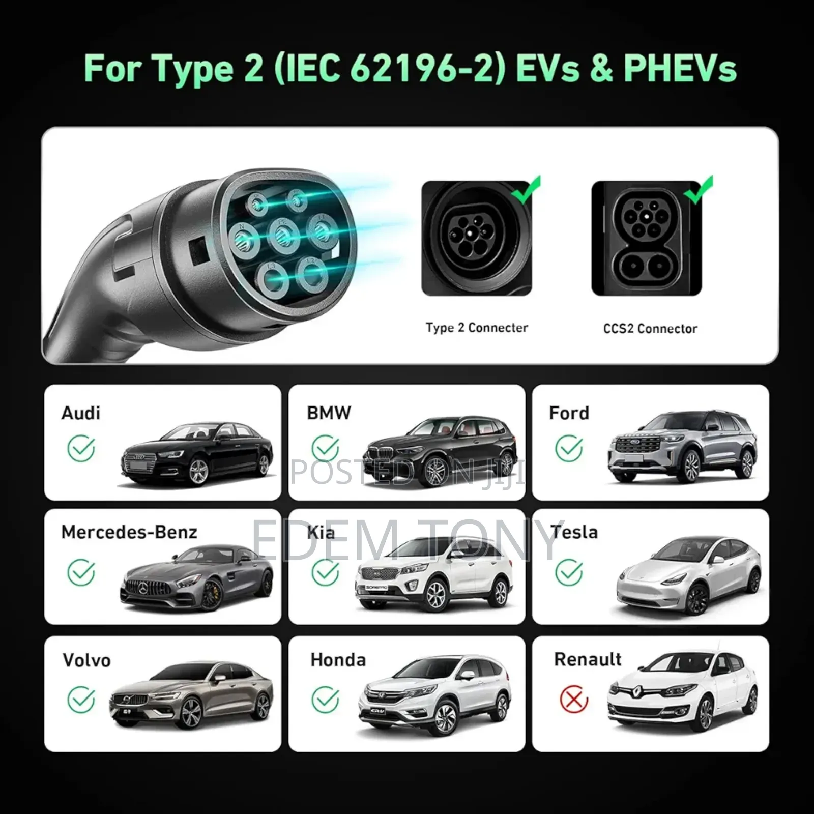 Electric Car Charger Type 2 For; Tesla, Bmw, Mercedes, Hyundai,Kia,Byd