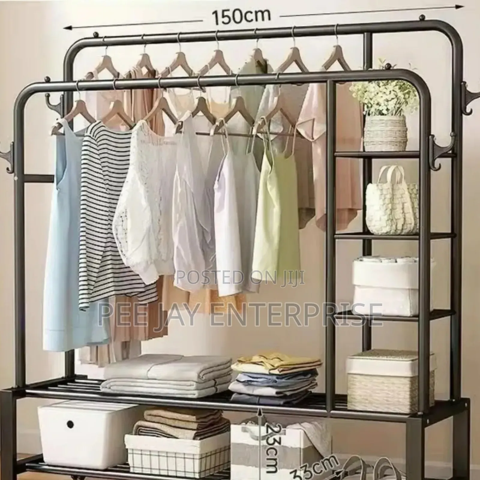 Black Metal Double-rod Clothes Rack With Side Shelves And Wheels