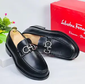 Salvatore Ferragamo Men's Gancini Buckle Loafers Black Leather.