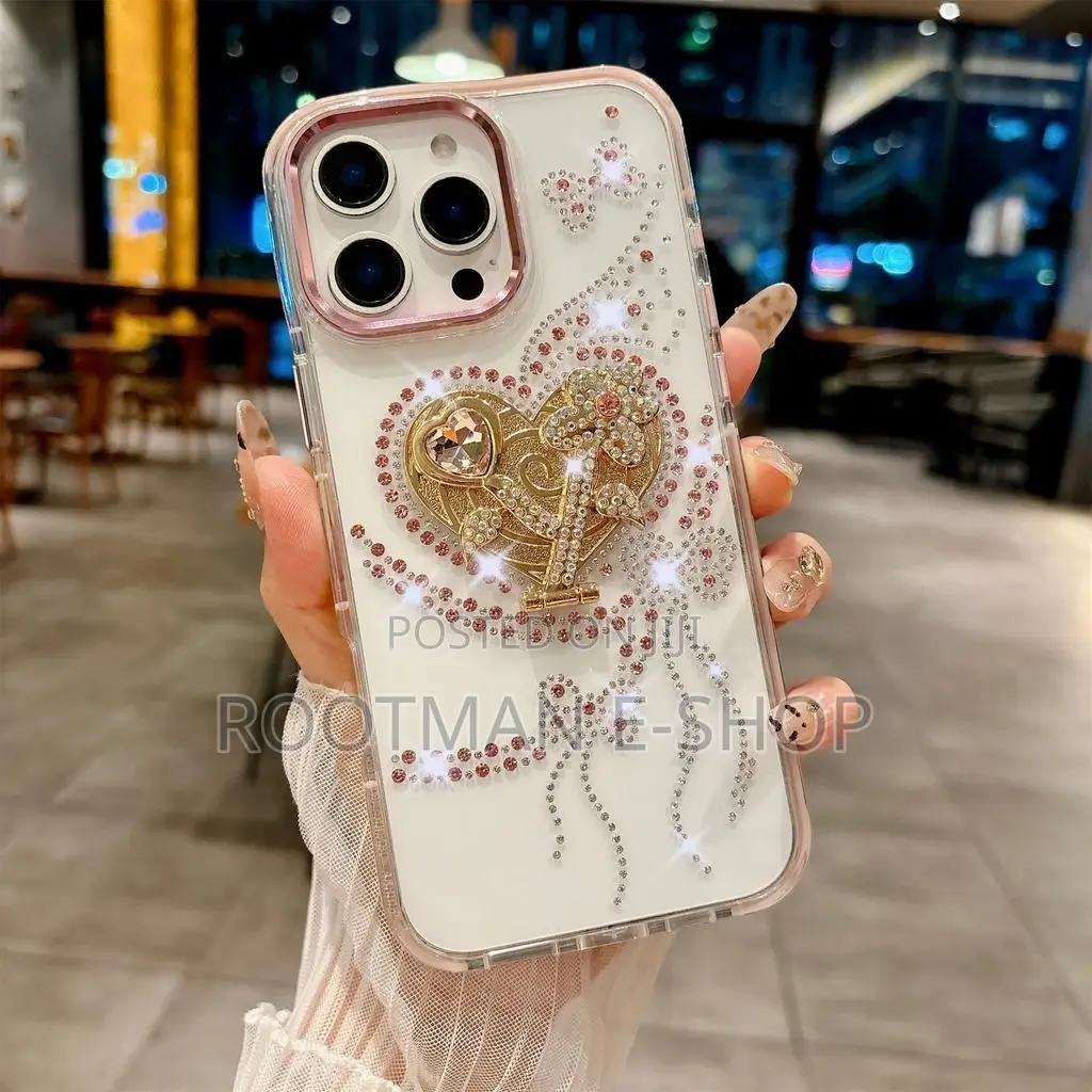 Sparkling Heart Pattern, Diamond Stone Case for iPhone 14 - 16 Pro Max