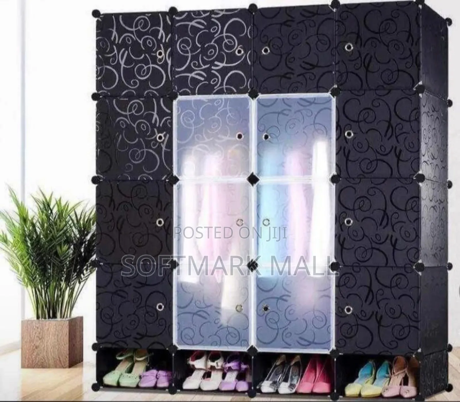Durable 16 Cubes Wardrobe With Shoe Rack - Black