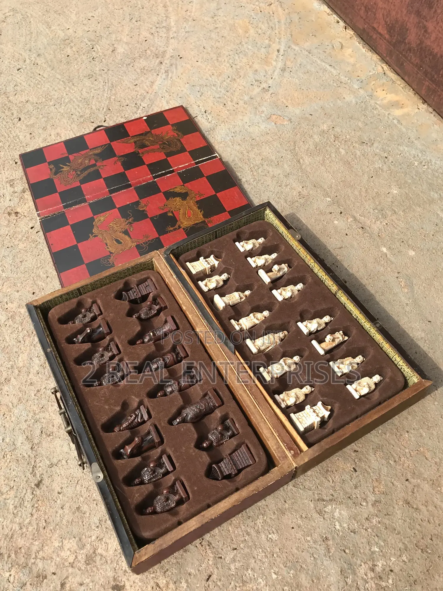 Original Antique Chinese Chess With Wooden Carved Characters Pre Owned