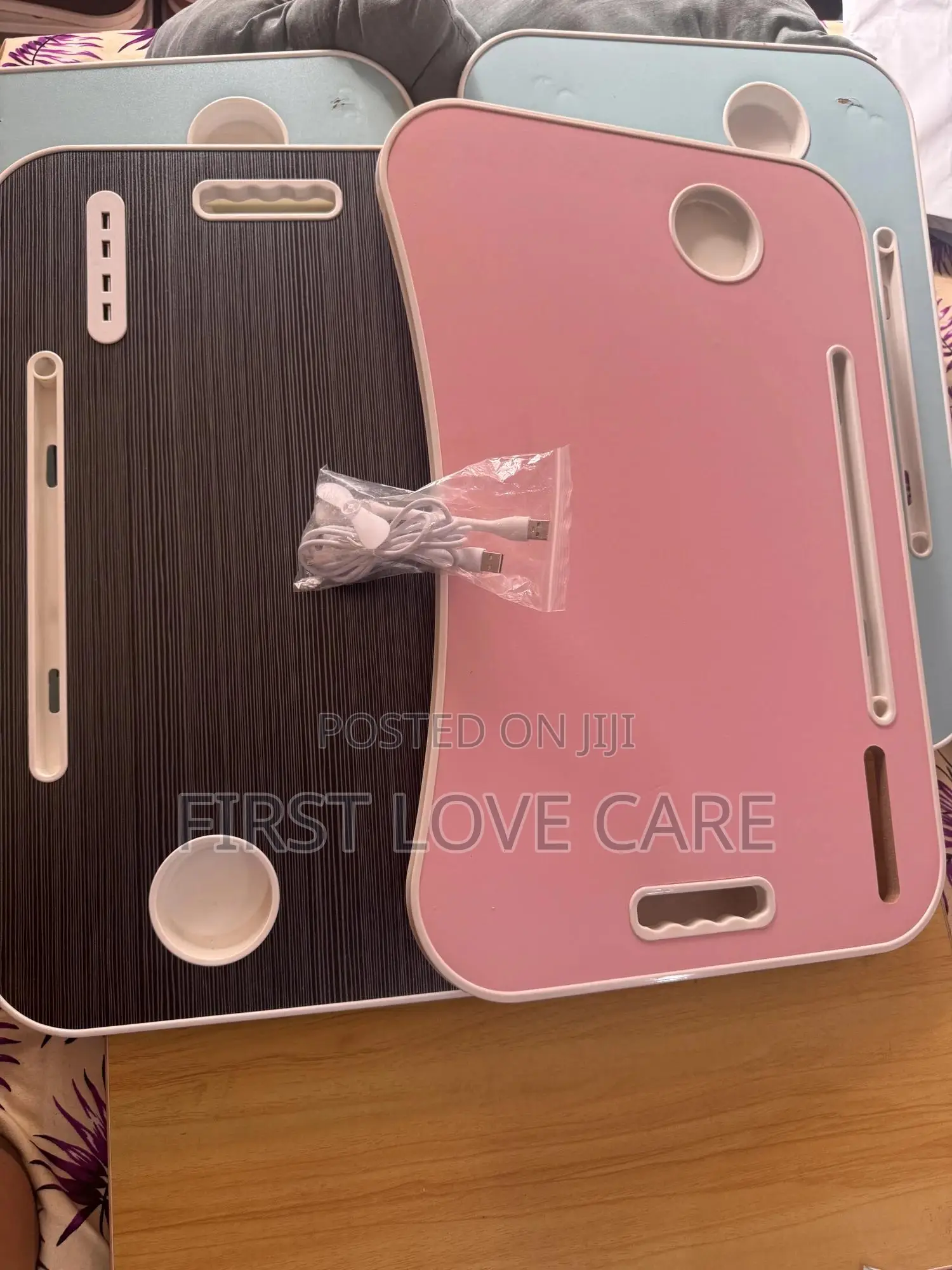 Laptop Table Pink And Black With Lamp, Mini Fan And Mini Power Bank