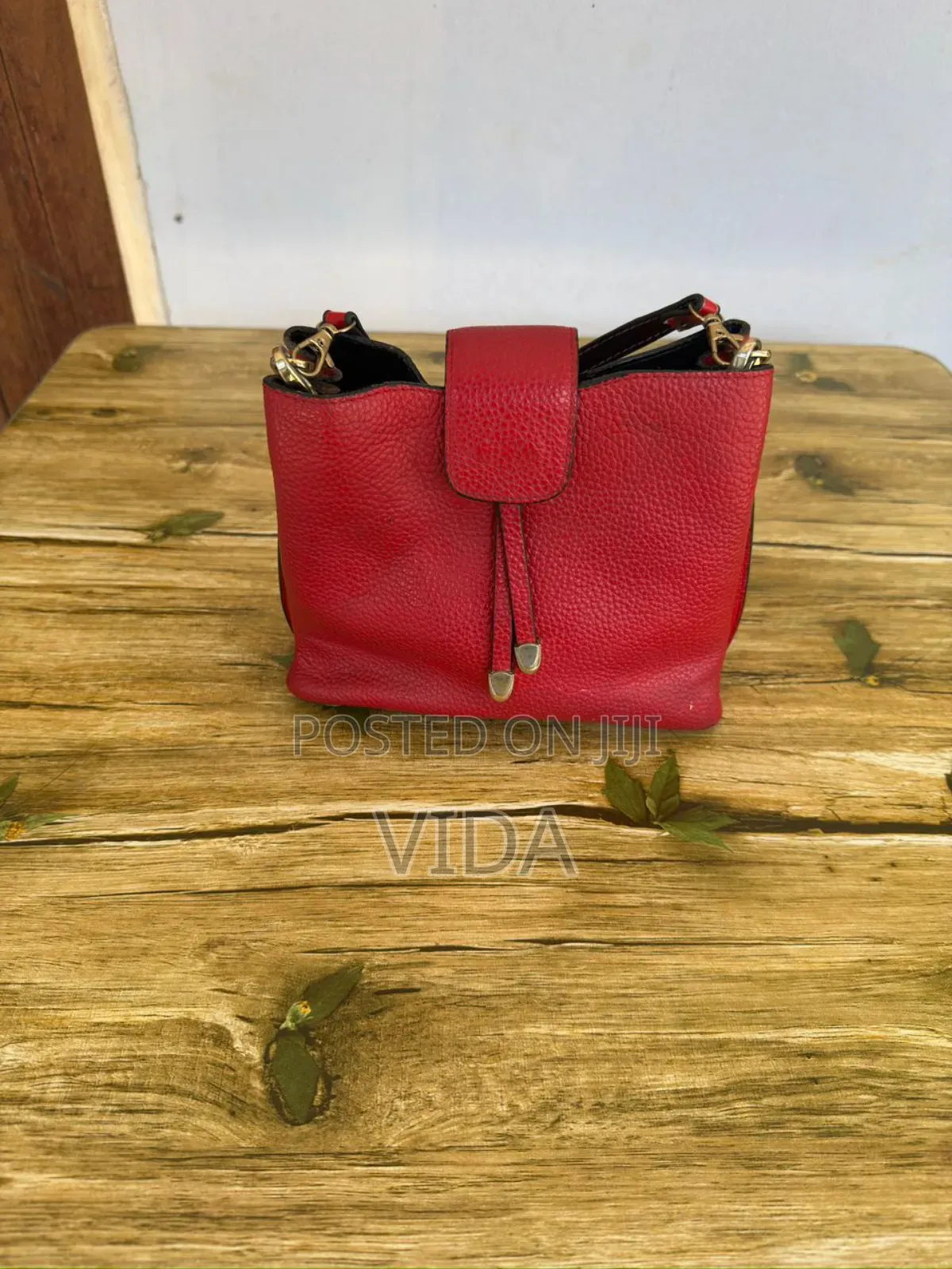 Red Pebbled Leather Drawstring Satchel