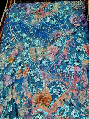 Light Blue Lace With Sequin and Shimmering Effect of Pink and Purple