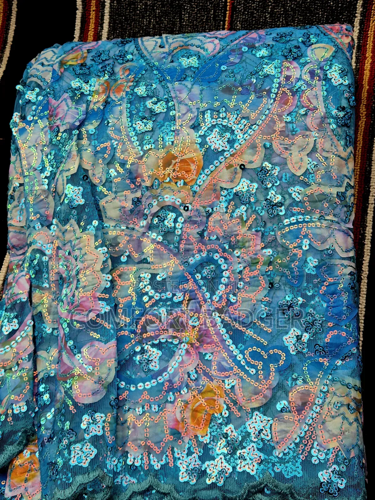 Light Blue Lace With Sequin and Shimmering Effect of Pink and Purple