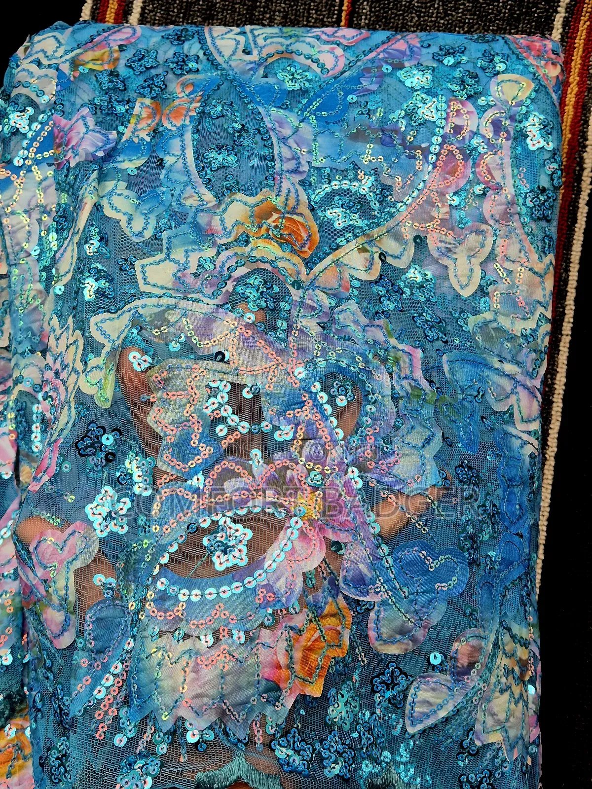 Light Blue Lace With Sequin and Shimmering Effect of Pink and Purple