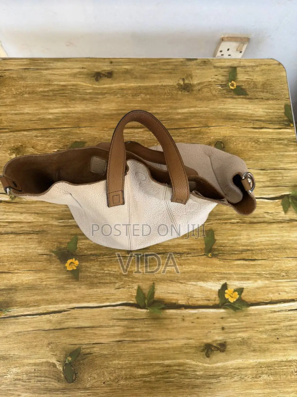 Minimalist Cream Pebbled Leather Tote With Tan Handles
