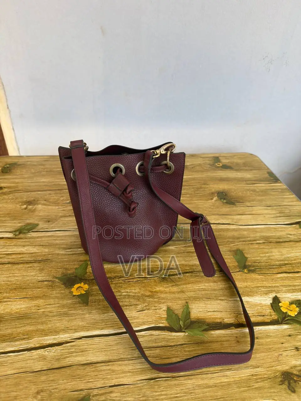 Deep Burgundy Pebbled Leather Bucket Bag With Drawstring