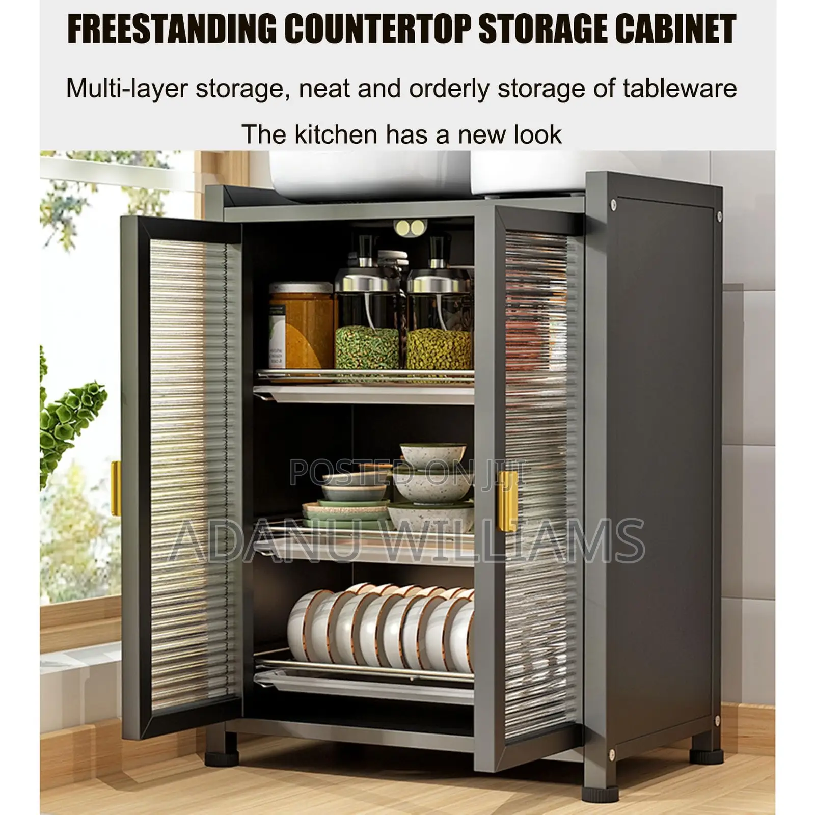 3-Tiers Countertop Kitchen Storage Cabinet With Tempered Glass Door