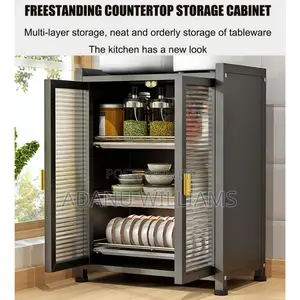 3-Tiers Countertop Kitchen Storage Cabinet With Tempered Glass Door