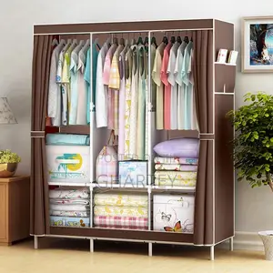 Foldable 3 Column Material Wardrobe - Brown