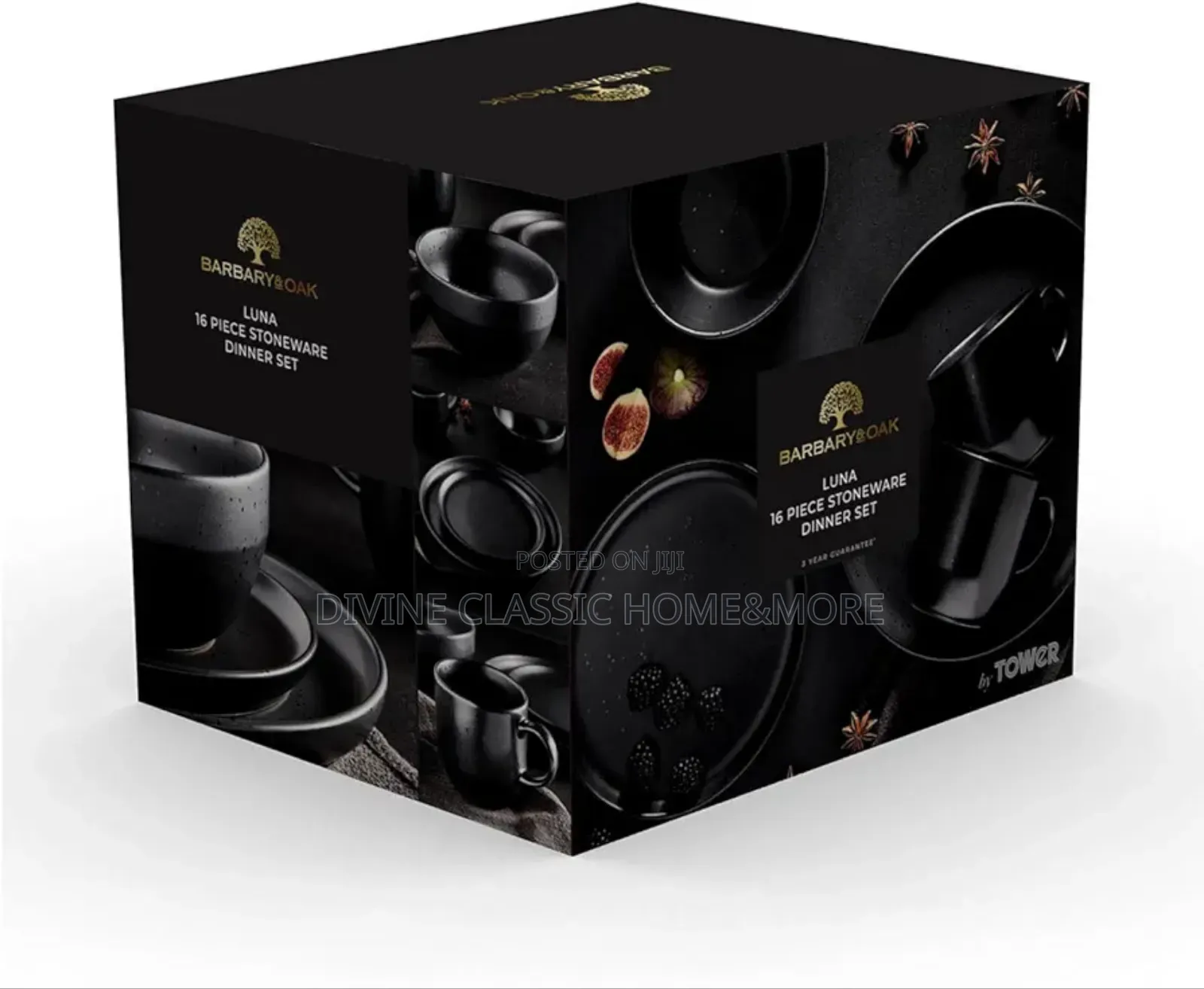 Barbary Oak Luna 16 Piece Dinnerware Set, Stoneware, Matte Black