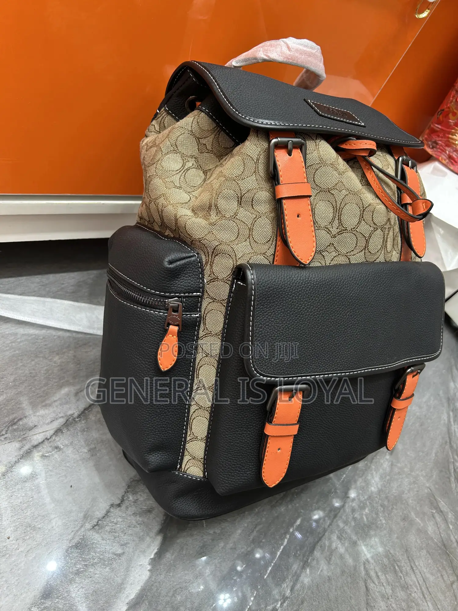 Coach Sprint Backpack  Signature Jacquard Black Leather Orange Accents