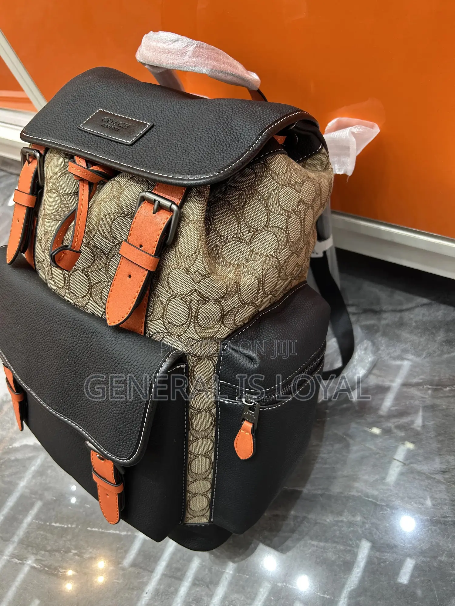 Coach Sprint Backpack  Signature Jacquard Black Leather Orange Accents