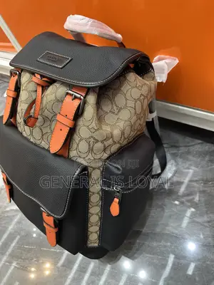 Coach Sprint Backpack  Signature Jacquard Black Leather Orange Accents