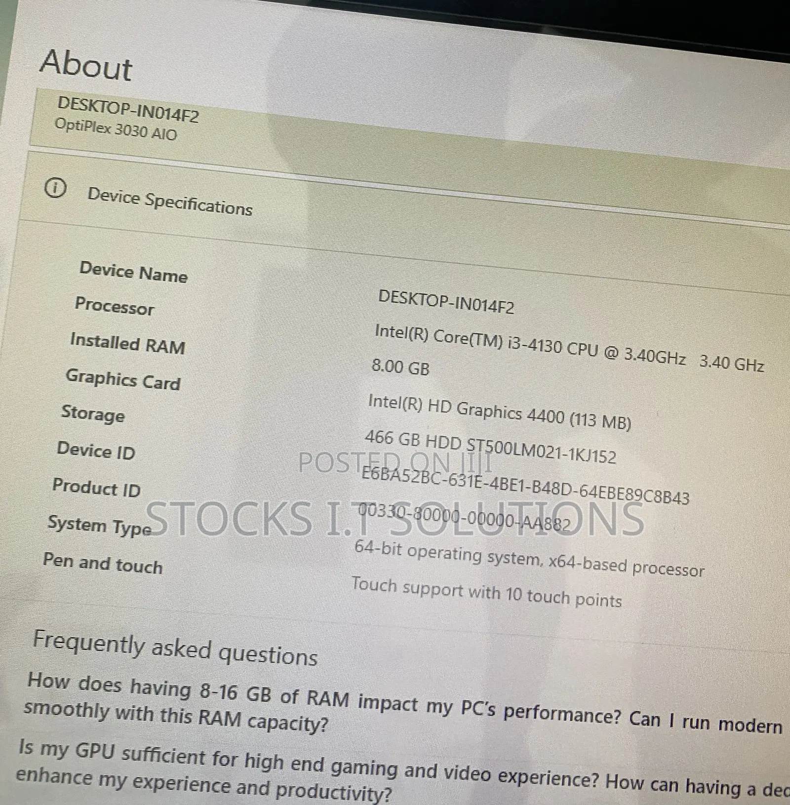 Desktop Computer Dell Optiplex 3040 8GB Intel Core i3 HDD 500GB