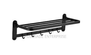 Wall Mounted Metal Towel Rack With Shelf Hooks – Black