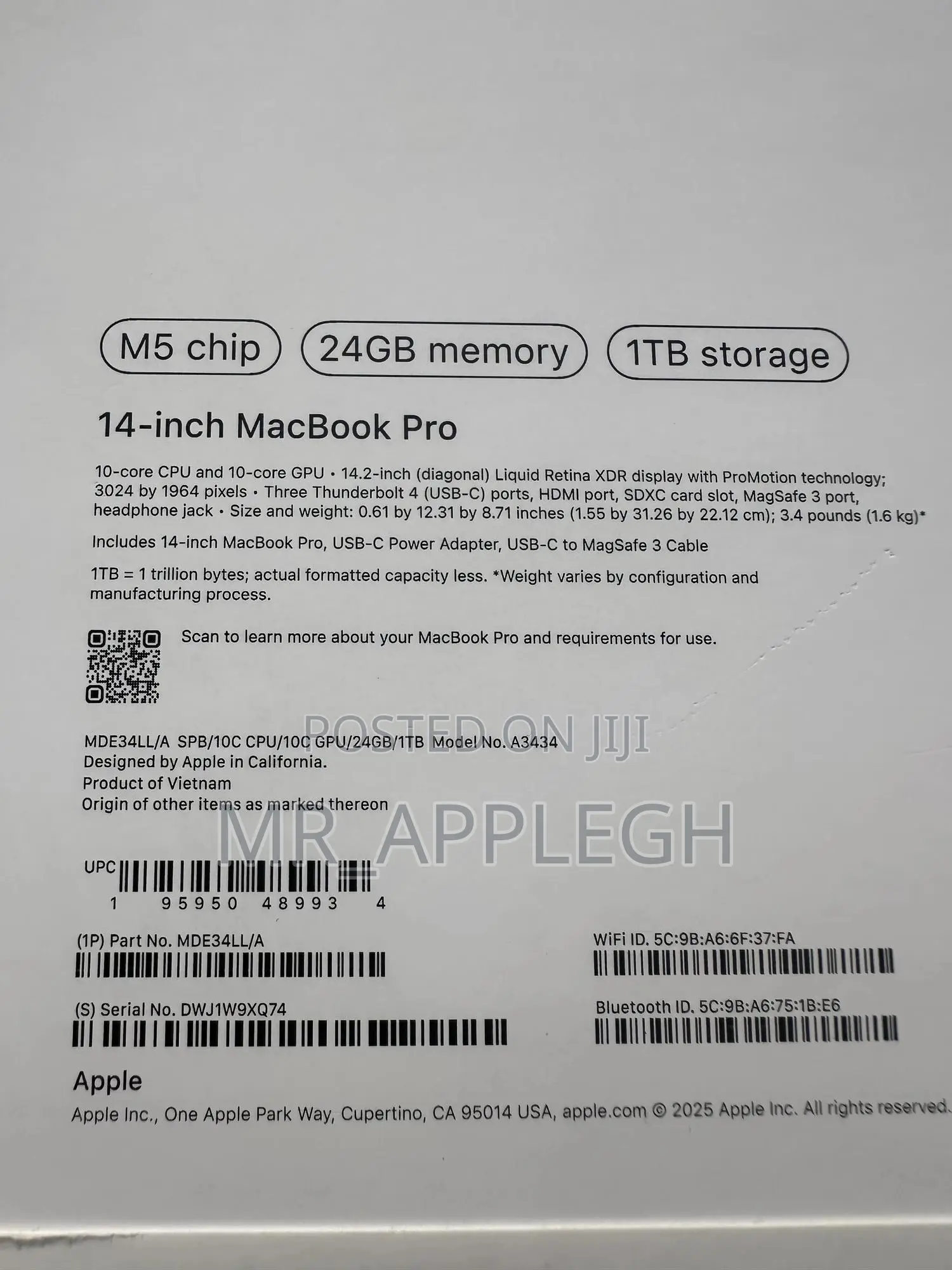 New Laptop Apple MacBook Pro 2025 M5 14-inch 24GB Apple M5 SSD 1T