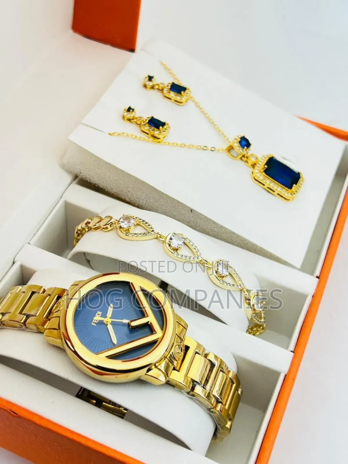 Fendi Gold Watch Necklace Bracelet Earrings Valentine Gift Set Package