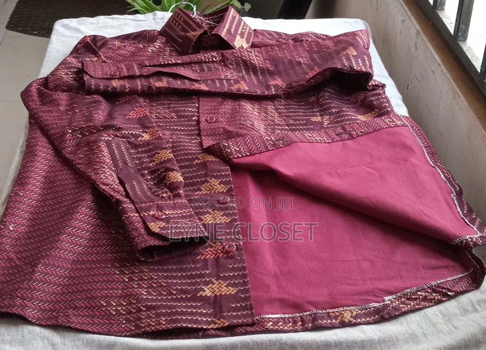 Men’S Long-Sleeve Shirt – Dark Wine With Patches of Golden Brown.