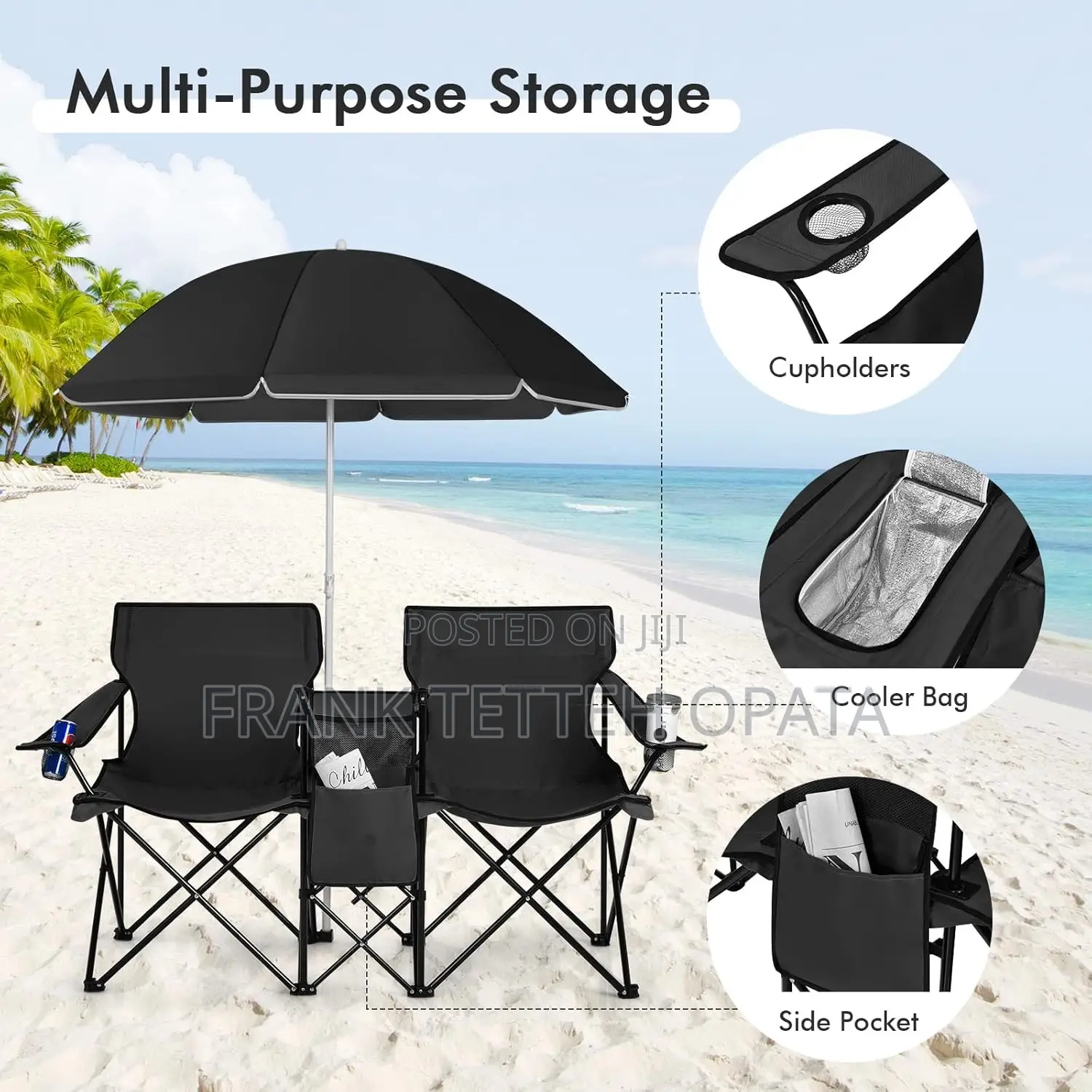 Double Beach Chairs With Umbrella With Cooler Bag Table Cupholders