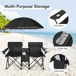 Double Beach Chairs With Umbrella With Cooler Bag Table Cupholders