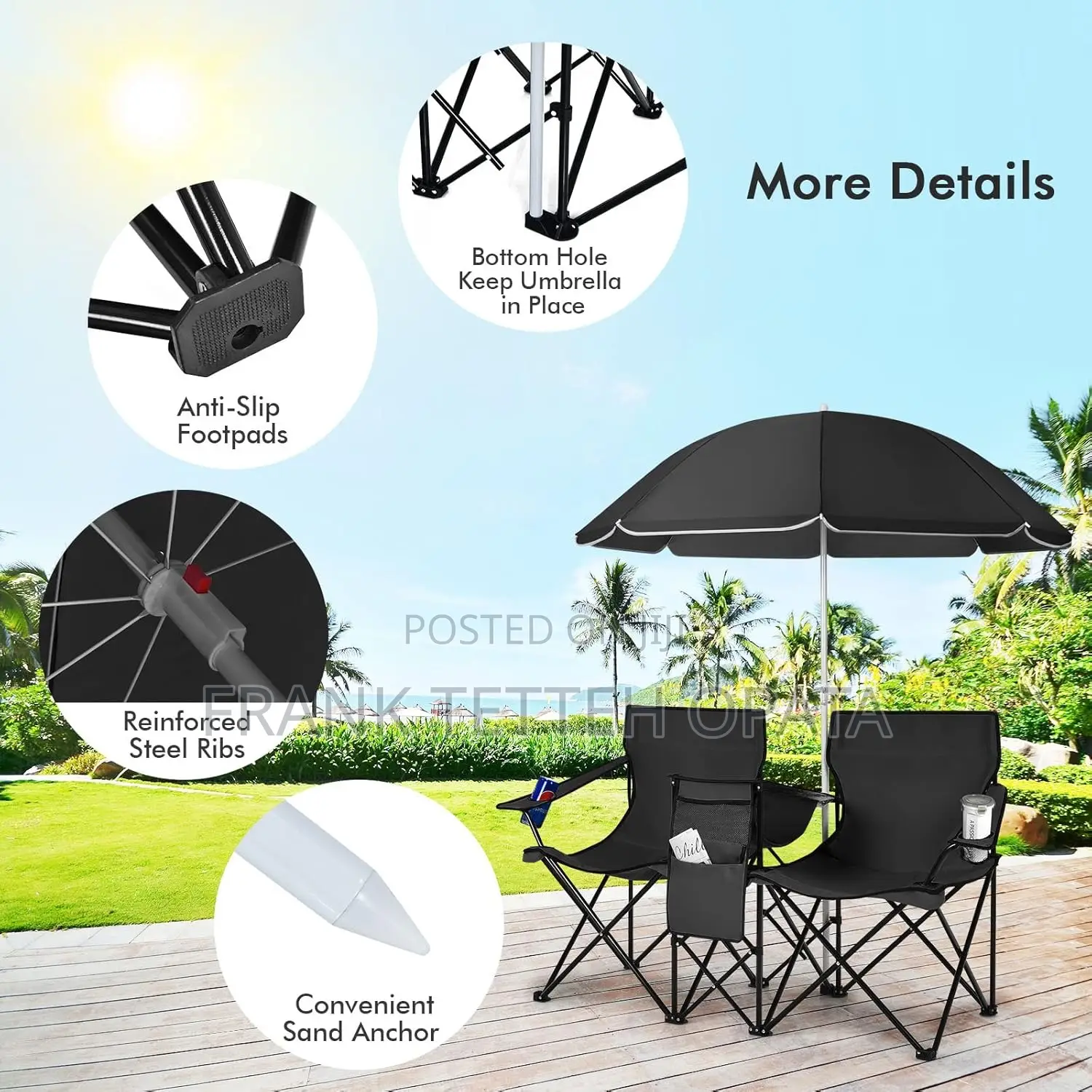 Double Beach Chairs With Umbrella With Cooler Bag Table Cupholders