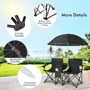 Double Beach Chairs With Umbrella With Cooler Bag Table Cupholders