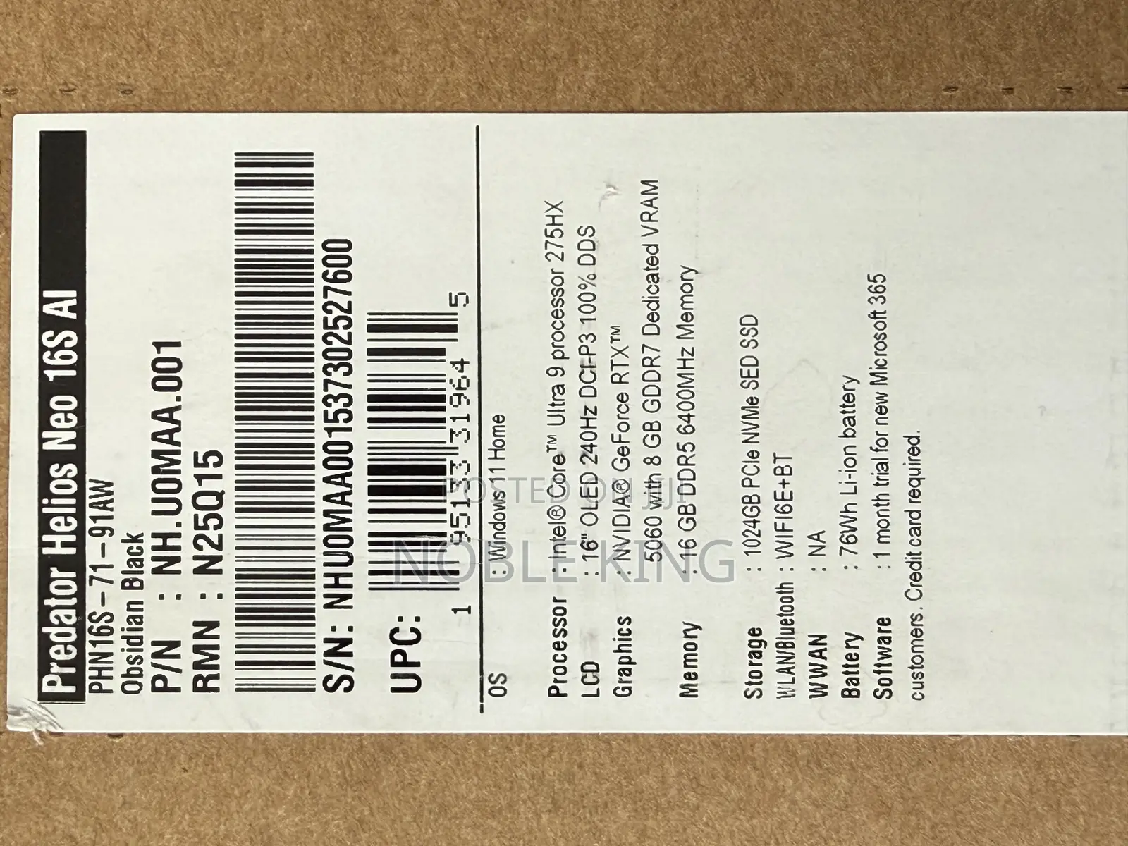 New Laptop Acer Predator Helios Neo 16 16GB Intel Core Ultra 9 SSD 1T