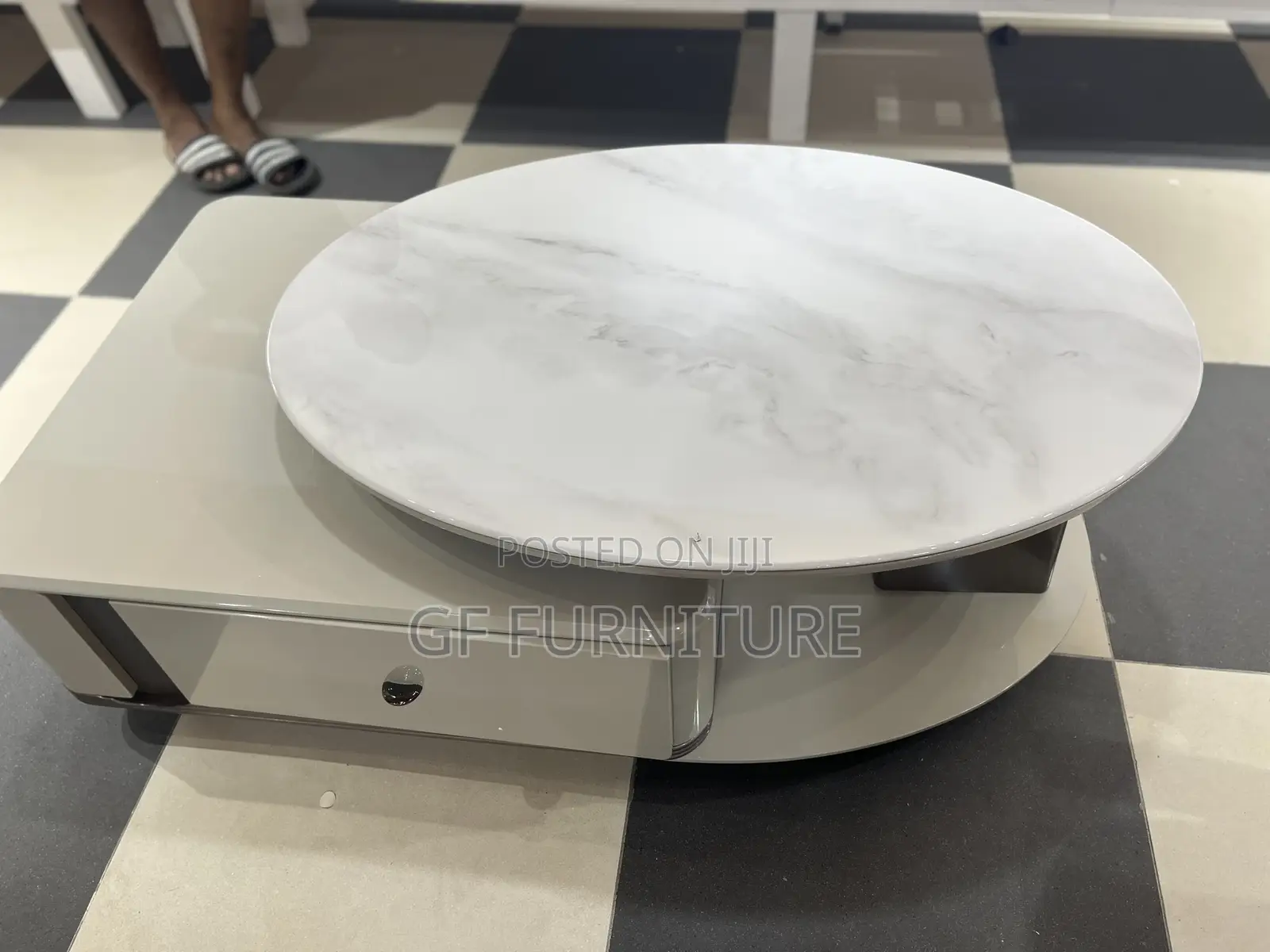 Modern Beige Oval Coffee Table With Swivel Marble Top and Drawers