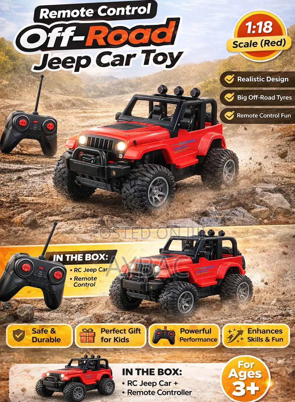 Remote Control Off-Road Jeep Car Toy – 1:18 Scale (Red)