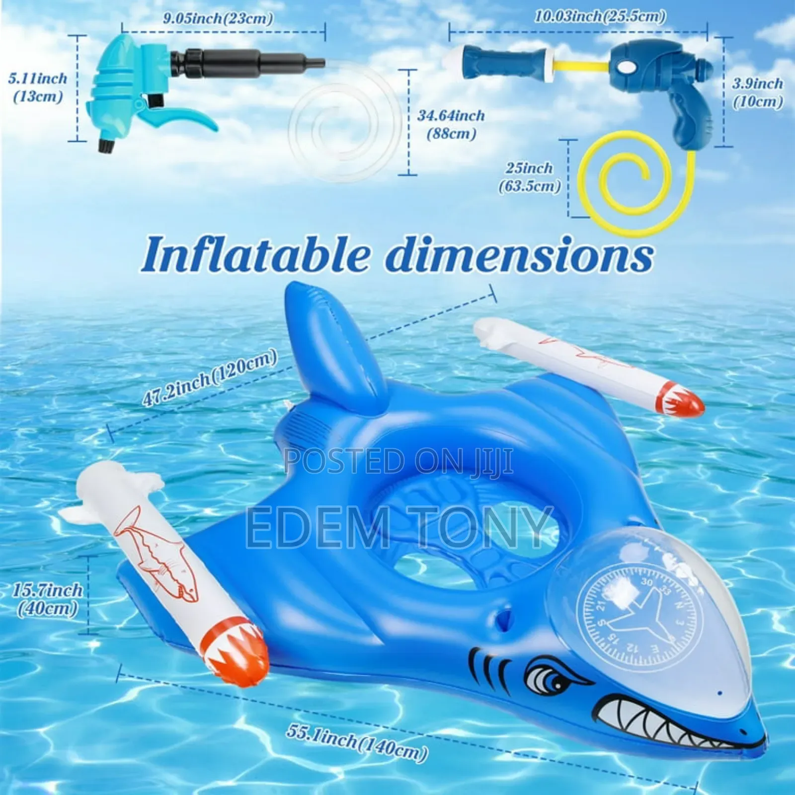 Yeereen Inflatable Shark Pool Float With a Built-in Water Gun