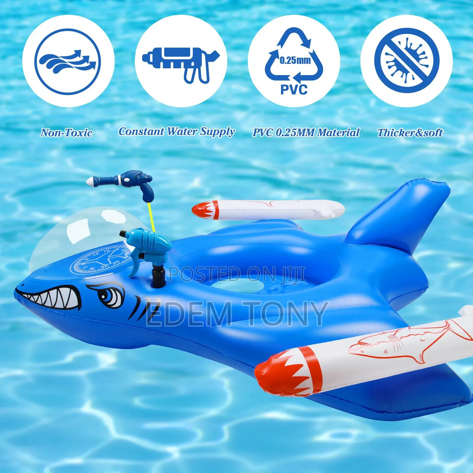 Yeereen Inflatable Shark Pool Float With a Built-in Water Gun