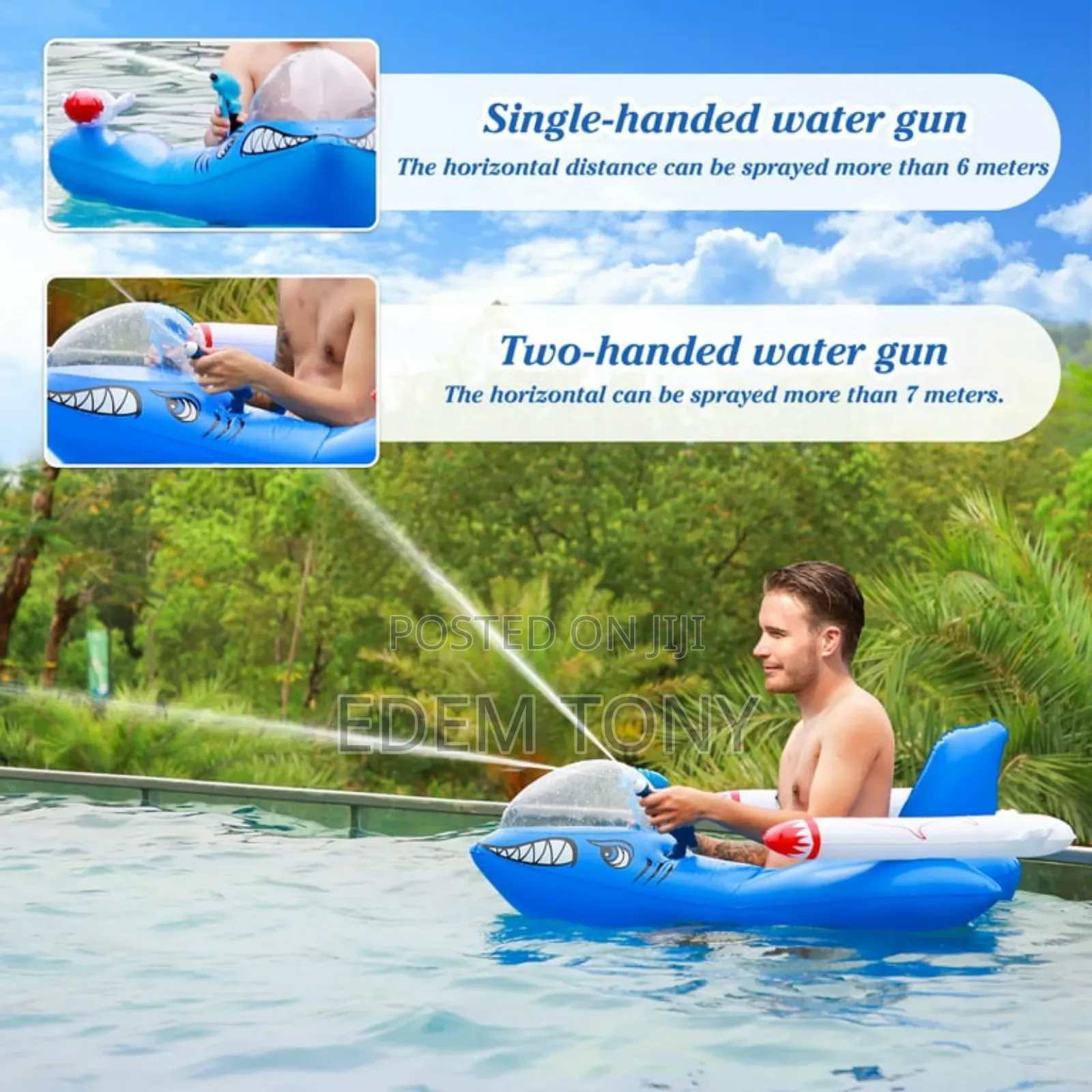 Yeereen Inflatable Shark Pool Float With a Built-in Water Gun