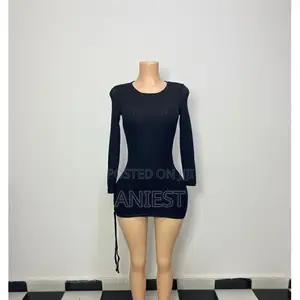 Elegant Long Sleeve Ribbed Knit Mini Dress - Black