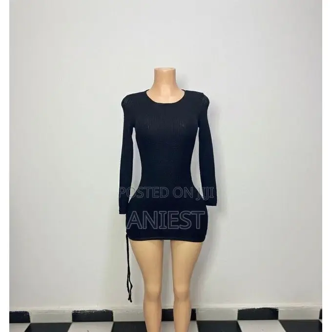 Elegant Long Sleeve Ribbed Knit Mini Dress - Black