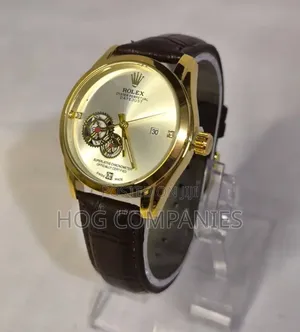 Brown Leather Gold Toned Luxury Men's Rolex Watch and Bracelet