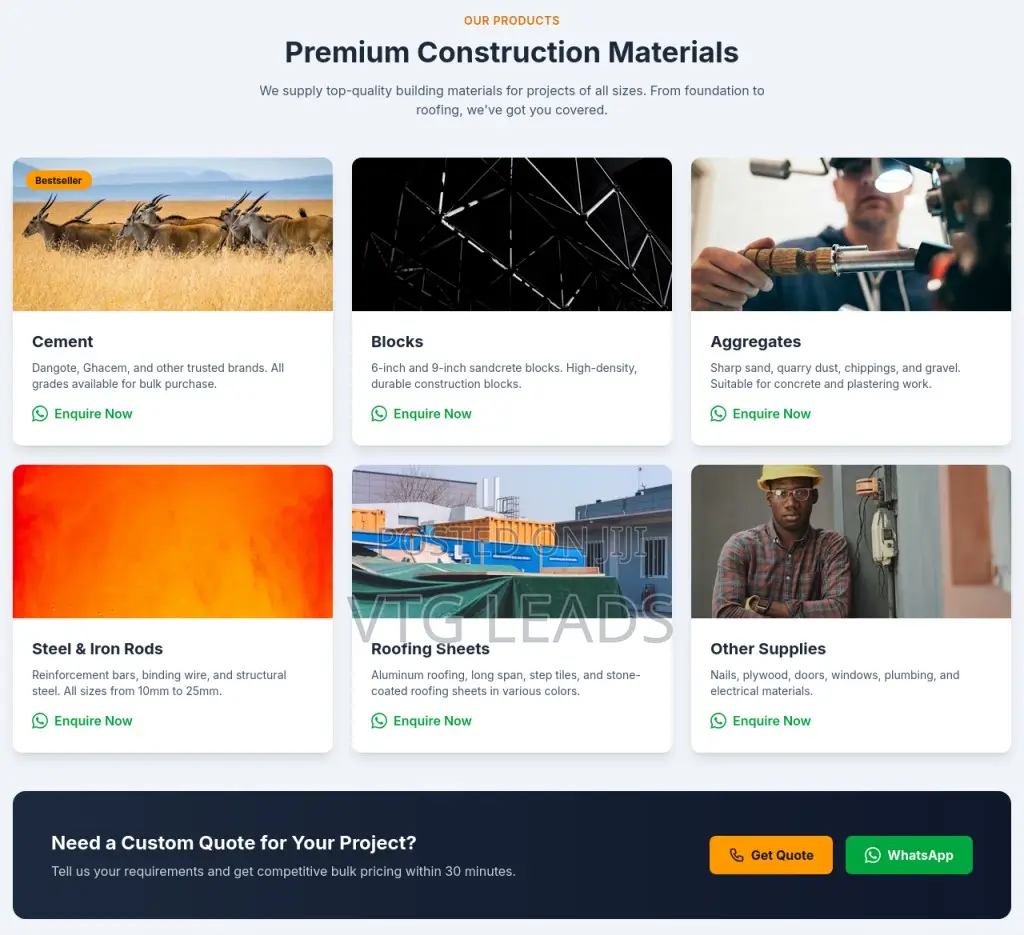 Construction Materials Business Website (Calls And Whatsapp Orders)