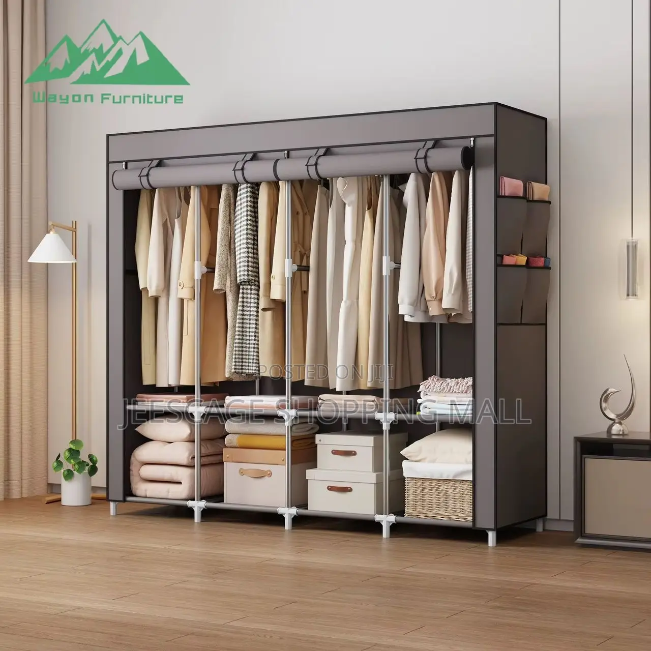 Portable Wardrobe Closet 4in1 Section With Hanging Rod, Cyan Fabric