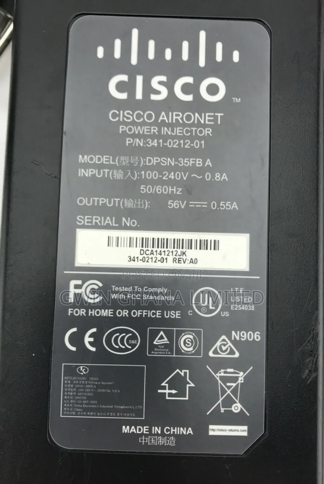 Cisco DPSN-35fba Dc56v 0.55a Poe Midspan Ethernet Power Injector