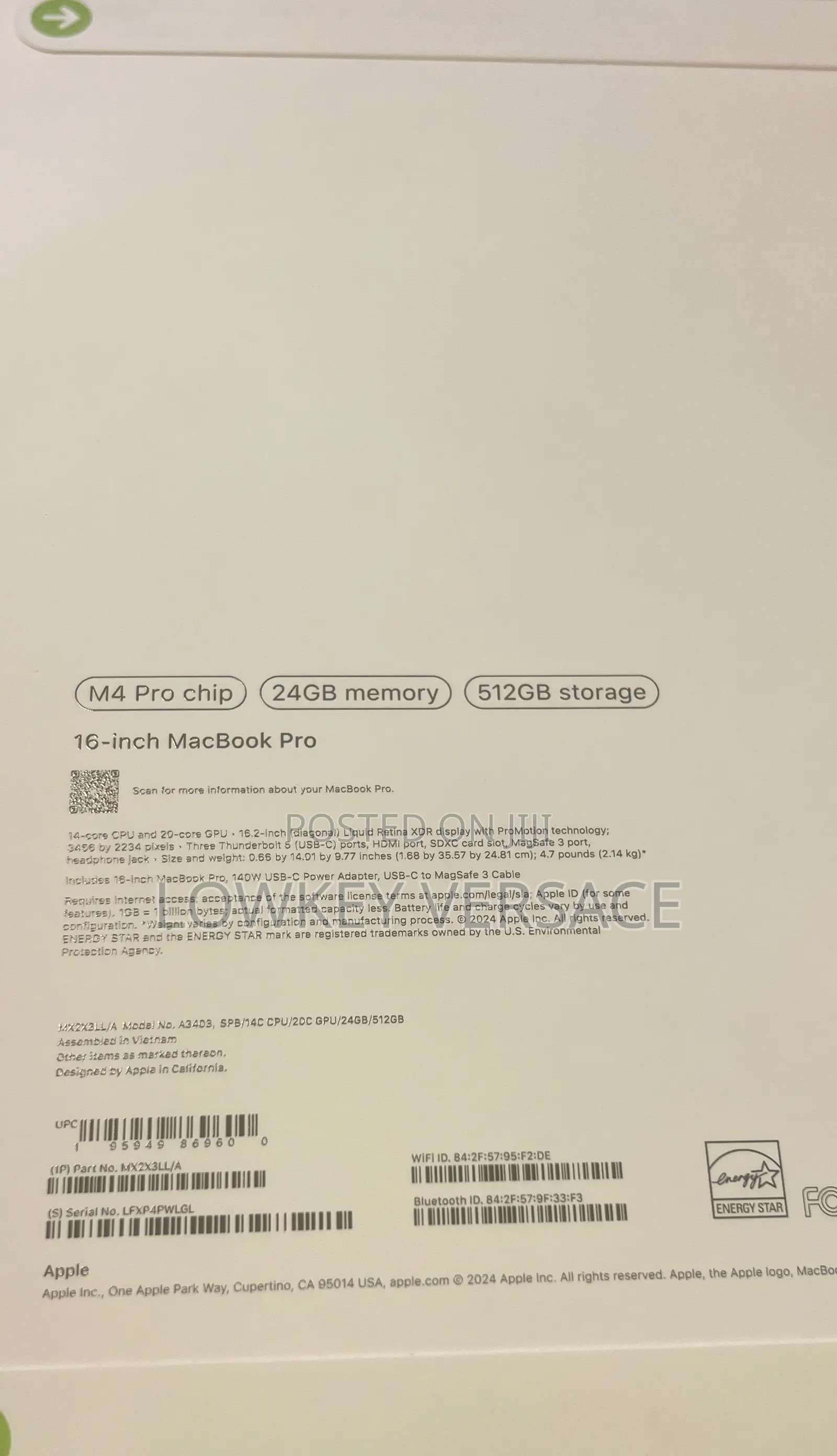 New Apple MacBook Pro 2024 M4 Pro 16-Inch 24GB Apple M4 Pro SSD 512GB