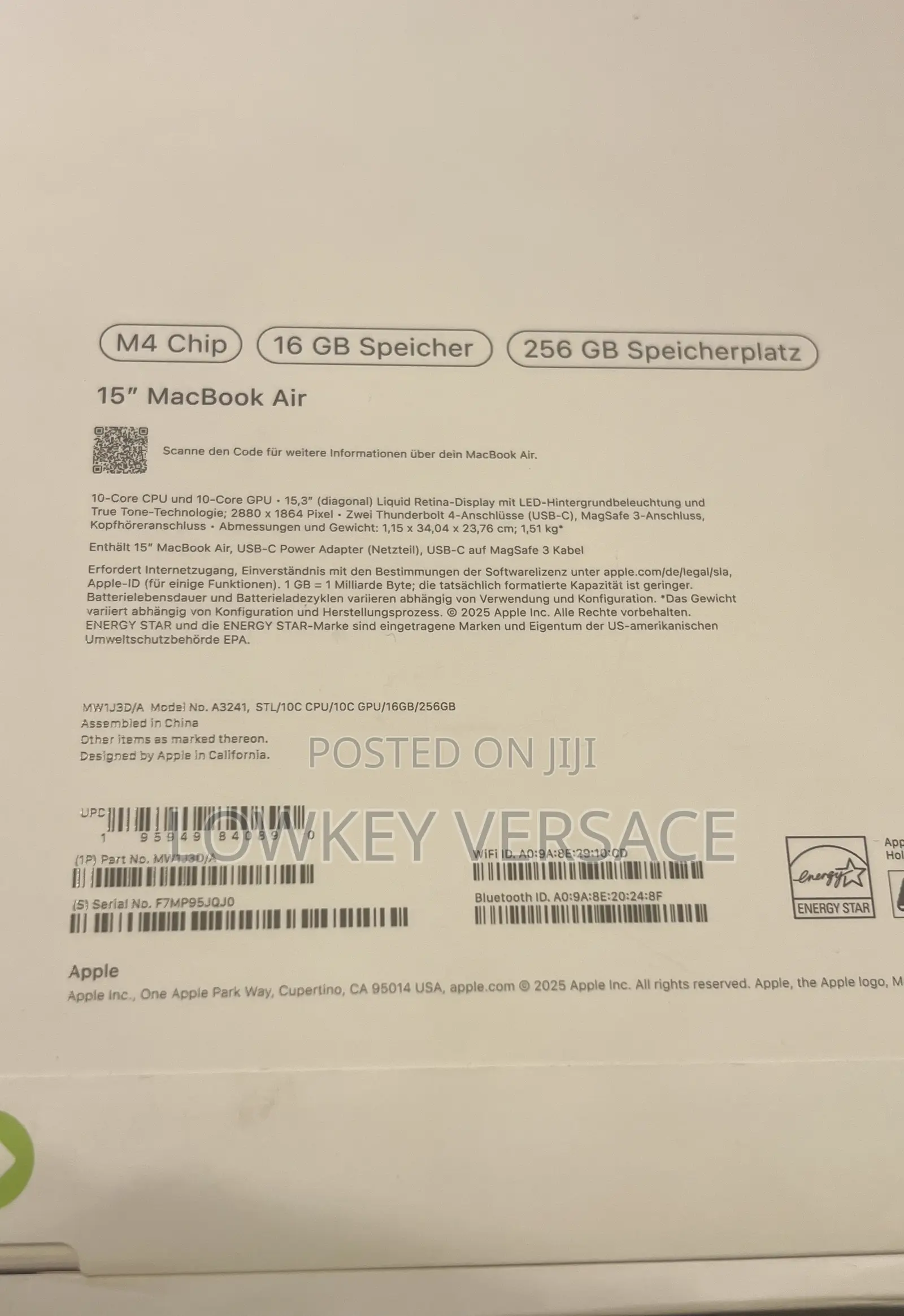 New Laptop Apple MacBook Air 2025 M4 15-Inch 16GB Apple M4 SSD 256GB