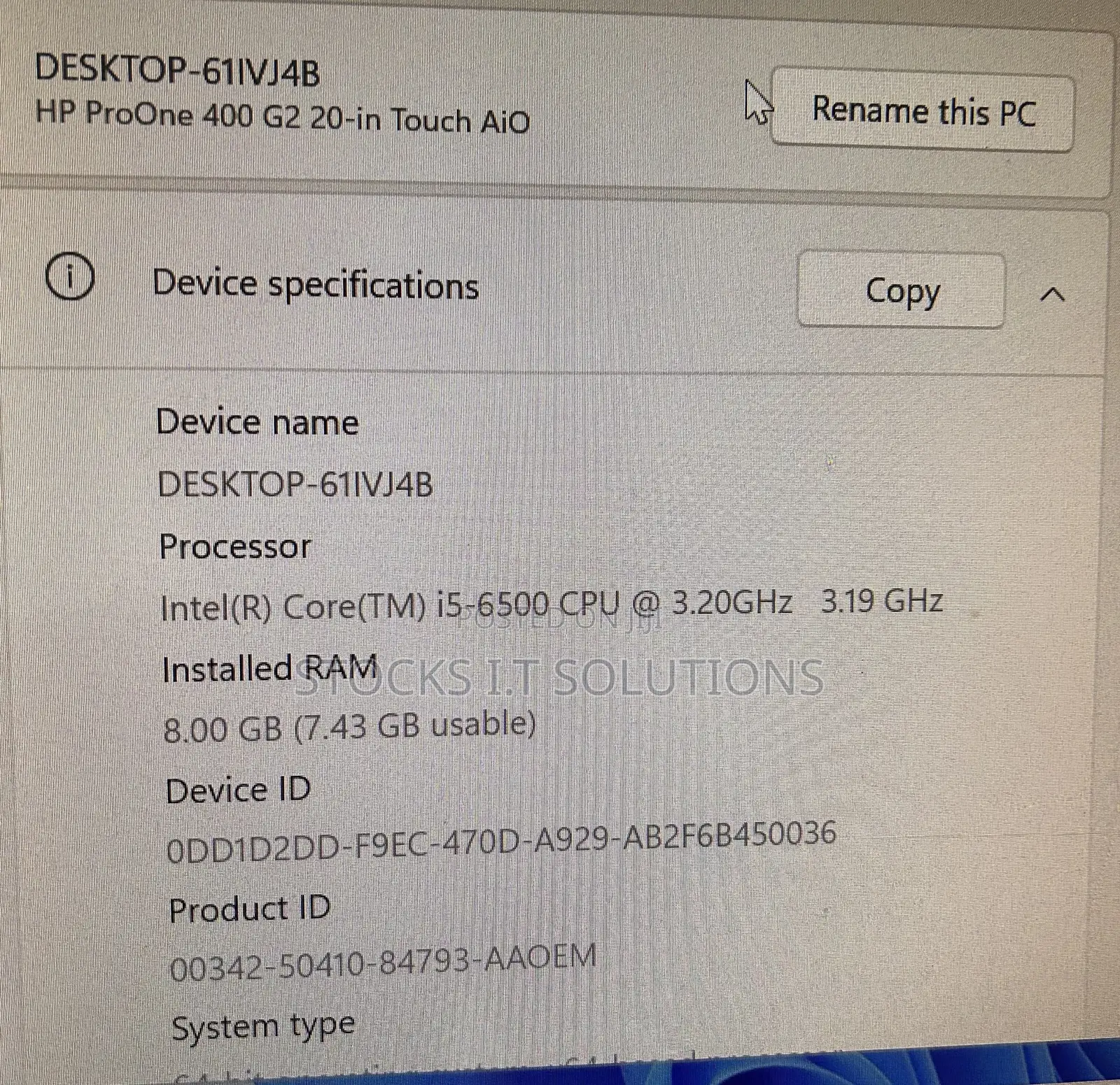 Desktop Computer HP ProOne 400 8GB Intel Core i5 HDD+SSD 500GB