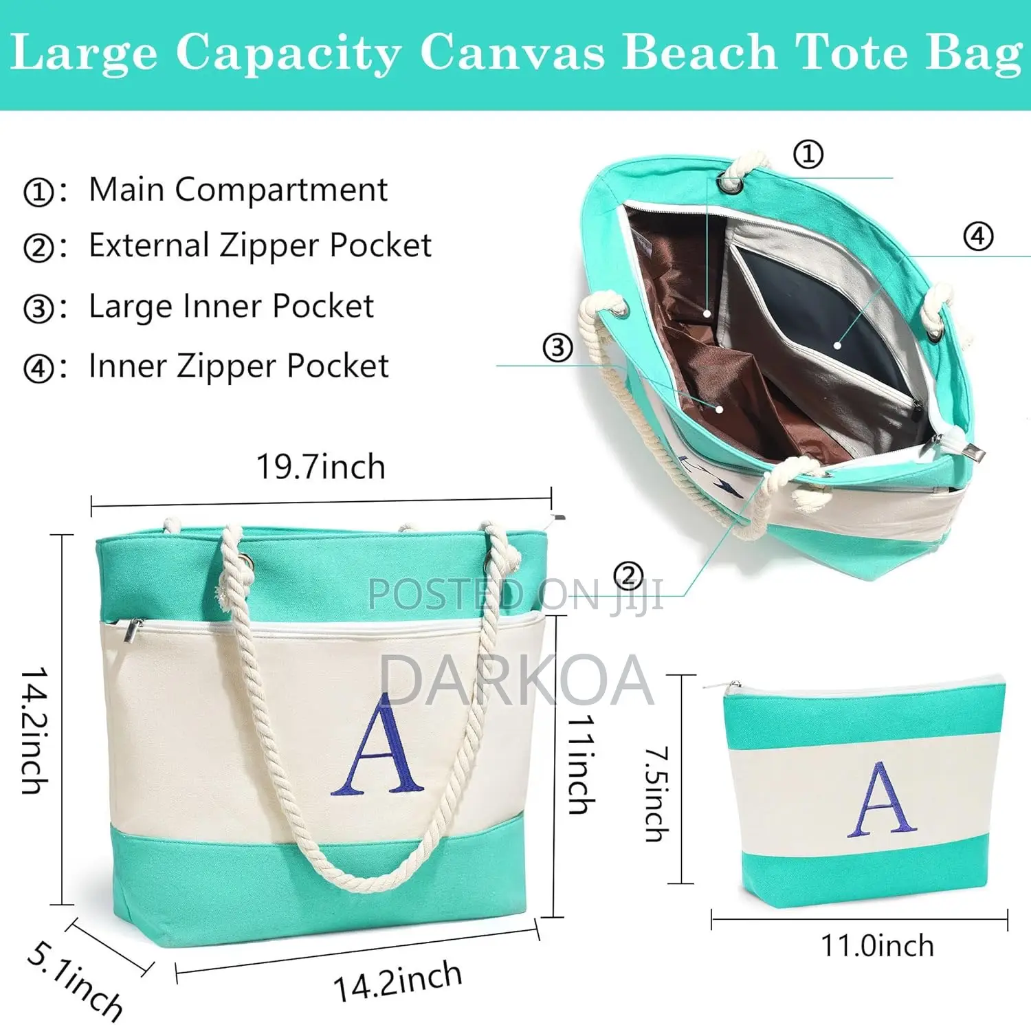 3pc Set Canvas Tote Bag With Zip